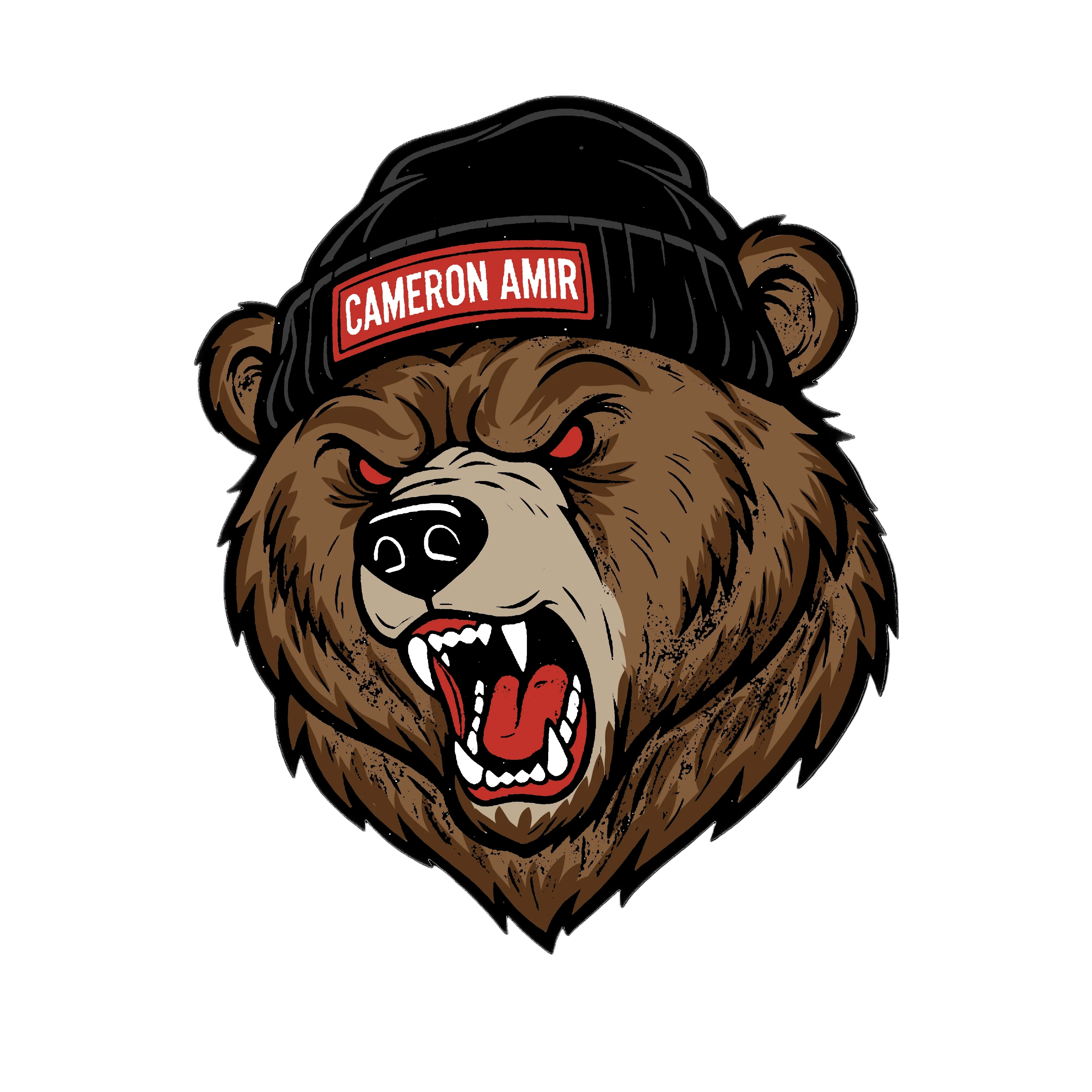 Illustration of a bear wearing a beanie with 'Cameron Amir' on a white background