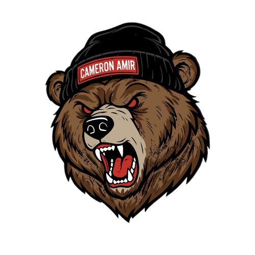 Illustration of a bear wearing a beanie with 'Cameron Amir' on a white background